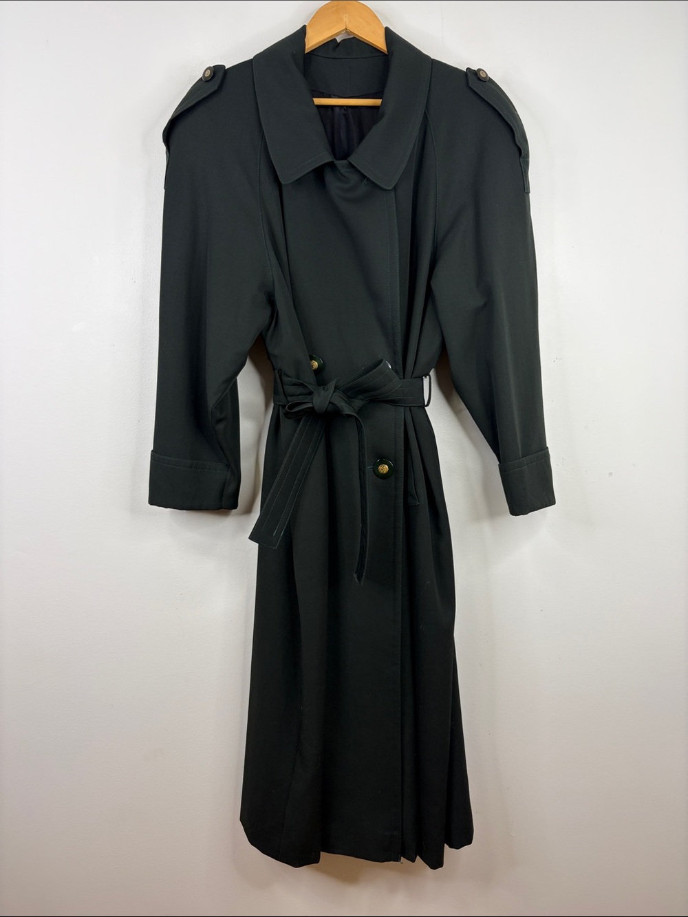 Vintage Trenchcoat Women Large Dark Green Wool Double Breast 80s 90s Maxi Jacket